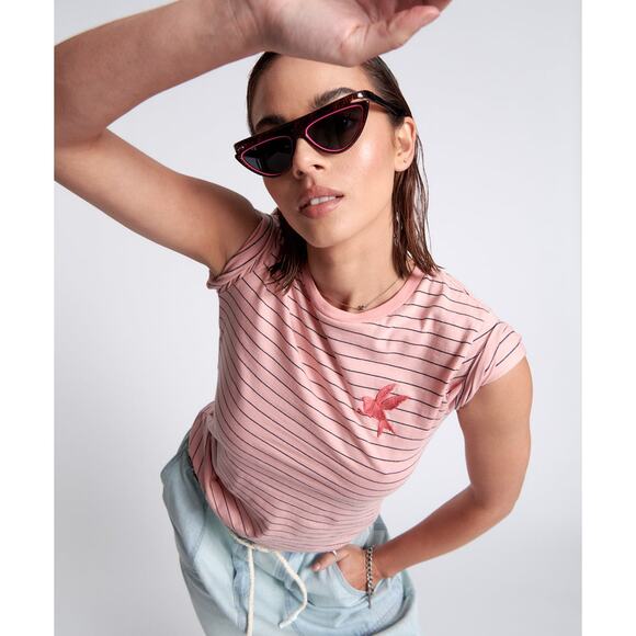 ONE TEASPOON Pink Striped Bower Bird Embroidered Logo Fitted T-Shirt NWT Size M - Picture 1 of 8